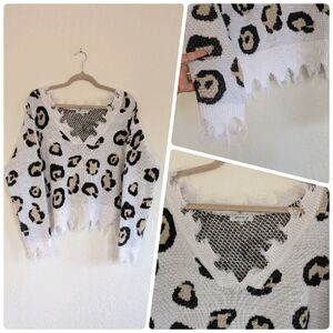 White Leopard Cotton Blend V-Neck Distressed Sweater Thrashed BOHO Western Y2K